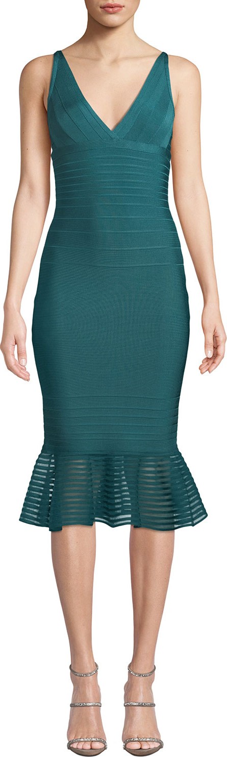 Herve Leger Sleeveless Tulle-Striped Illusion-Flounce Dress