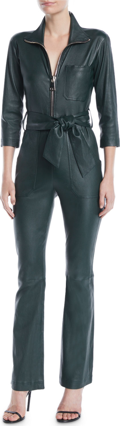 Carolina Ritzler Emma Zip-Front 3/4-Sleeve Lamb Leather Straight-Leg Jumpsuit