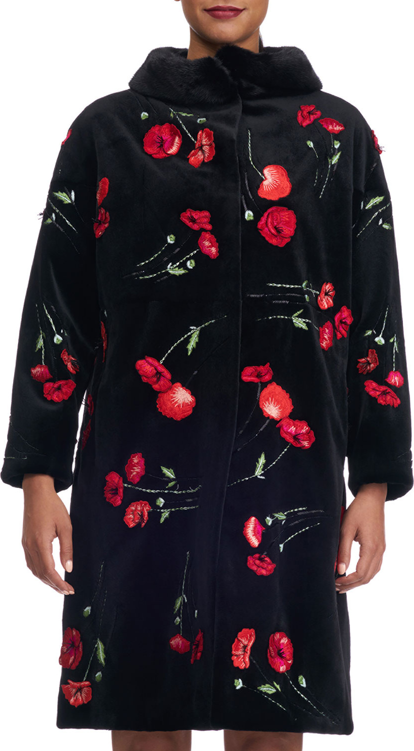 Oscar De La Renta Poppy-Embroidered Mink Fur Stroller Coat