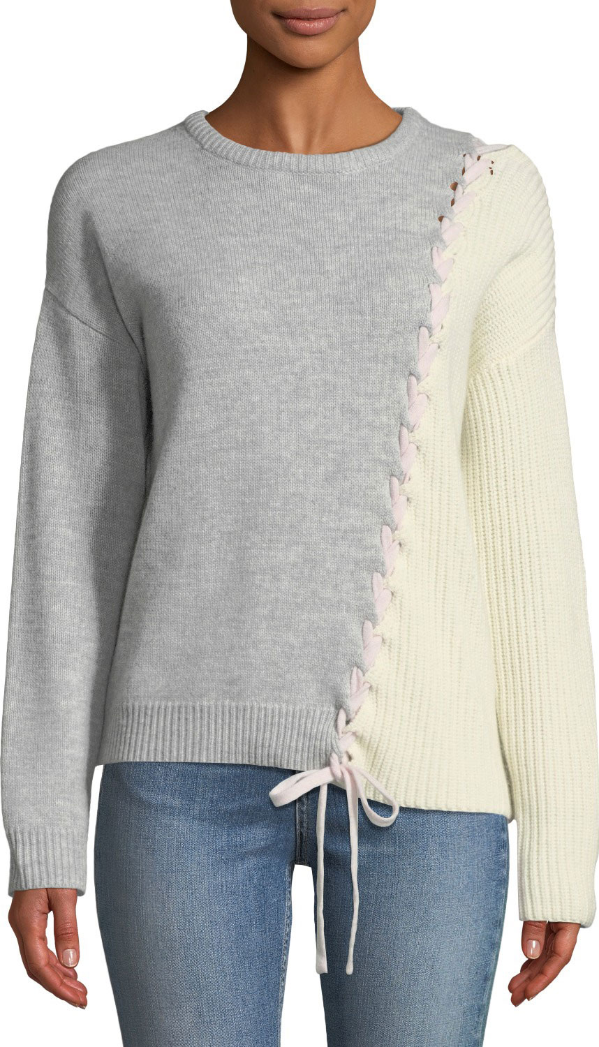 Tabula Rasa Dantie Crewneck Long-Sleeve Lace-Up Bicolor Merino Wool Sweater