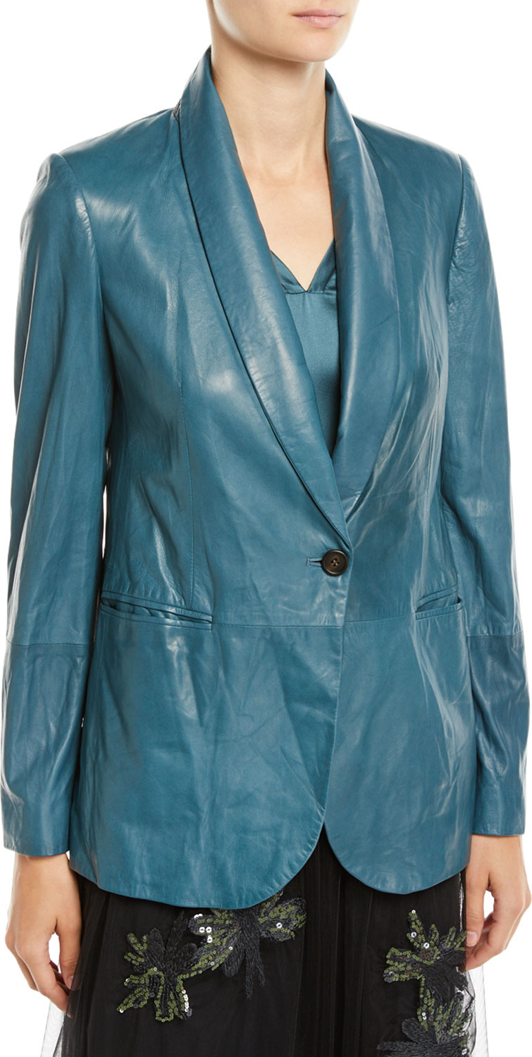 Brunello Cucinelli Shawl-Collar One-Button Leather Blazer w/ Monili Trim