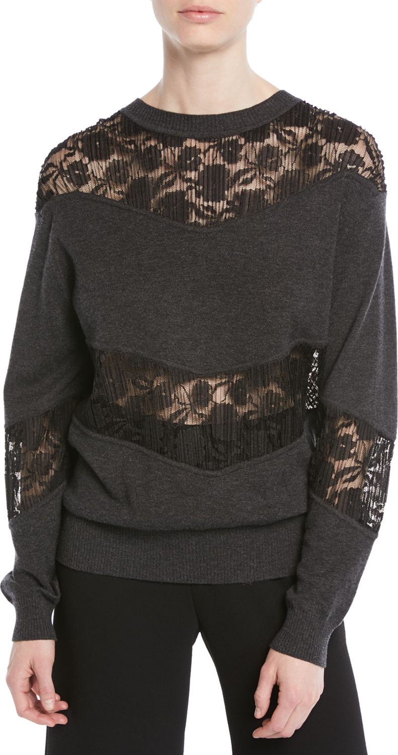 See By Chloé Crewneck Pullover Sweatshirt w/ Lace Inserts