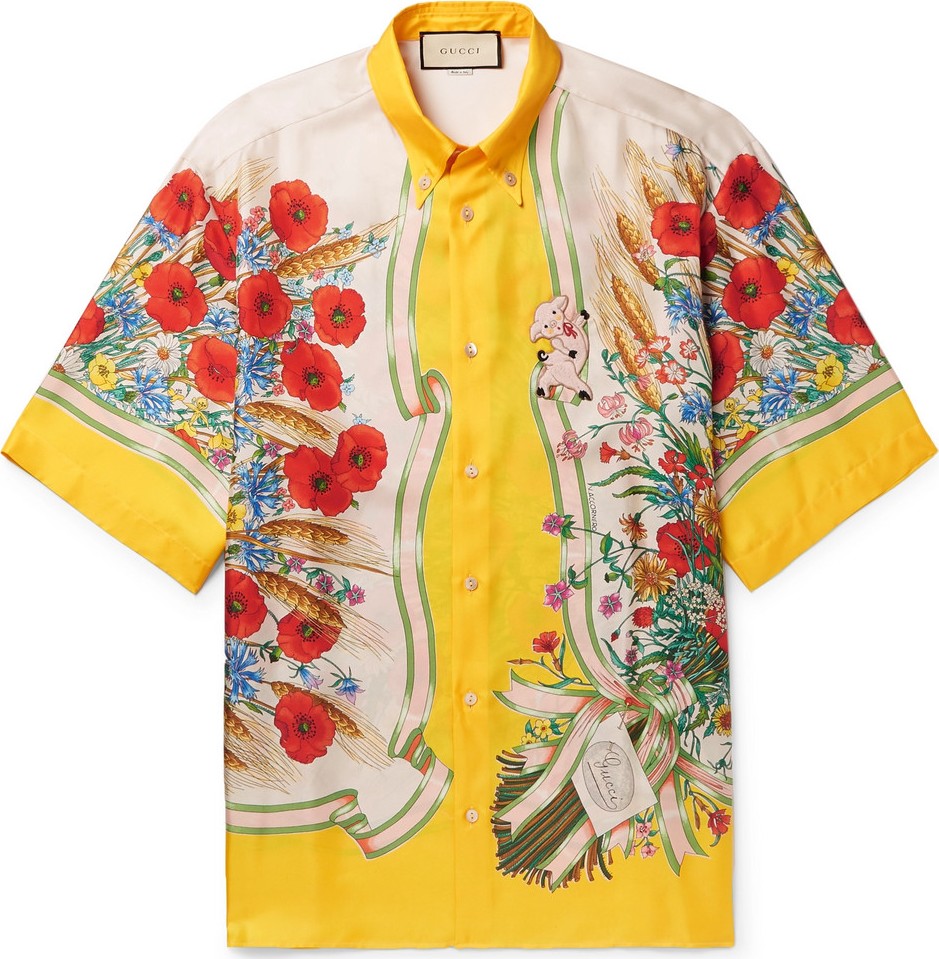 Gucci Button-Down Collar Embroidered and Printed Silk-Satin Shirt