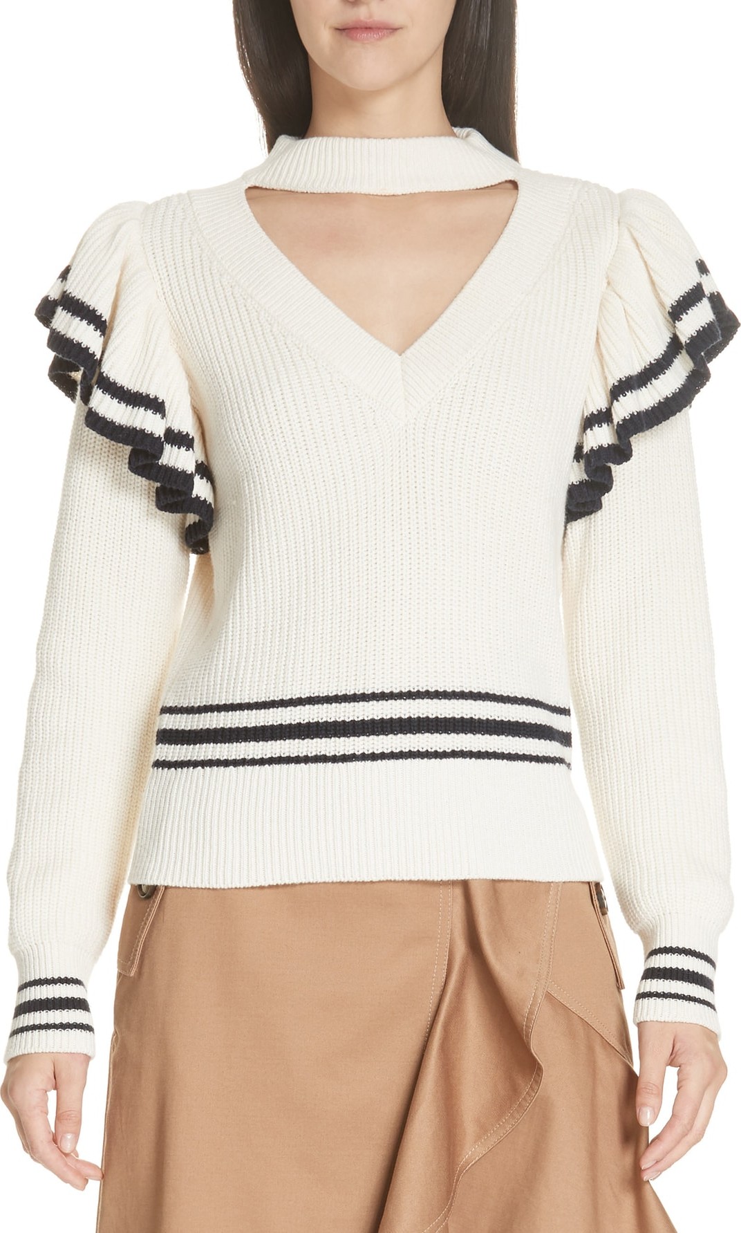 Self Portrait Stripe Ruffle Trim Sweater