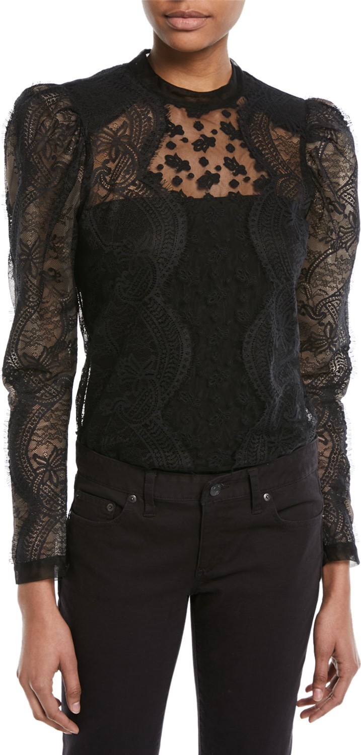 Self Portrait Scalloped Floral Lace Puff-Sleeve Top