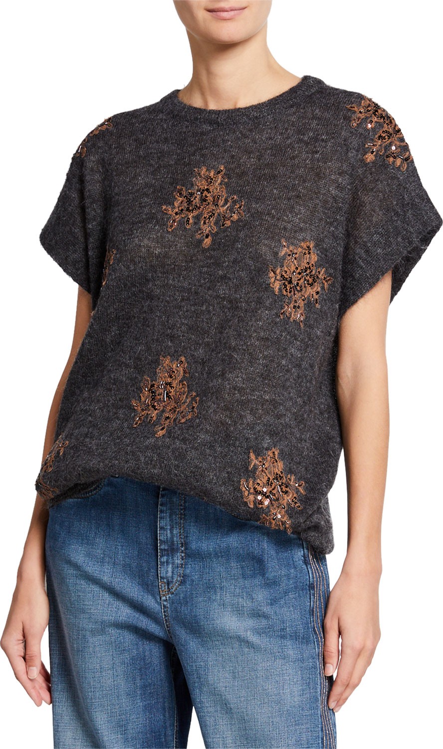 Brunello Cucinelli Mohair Beaded Cap-Sleeve Sweater