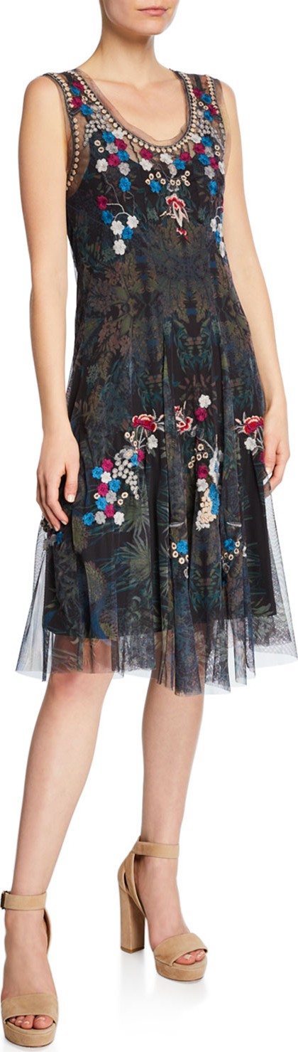 Johnny Was Valeki Mesh Embroidered Sleeveless Dress