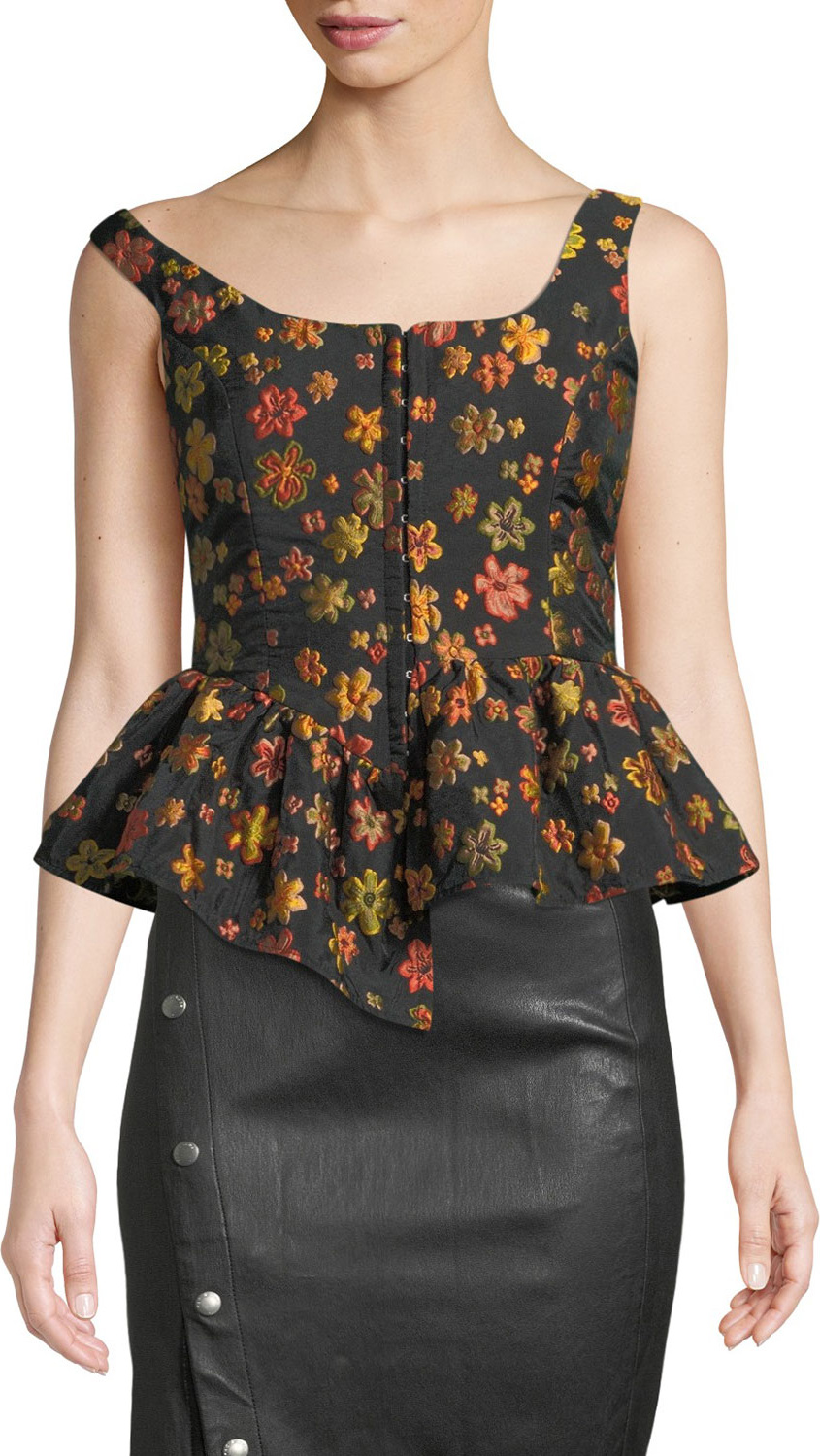 Isa Arfen Boat-Neck Sleeveless Hook-Front Floral-Jacquard Top