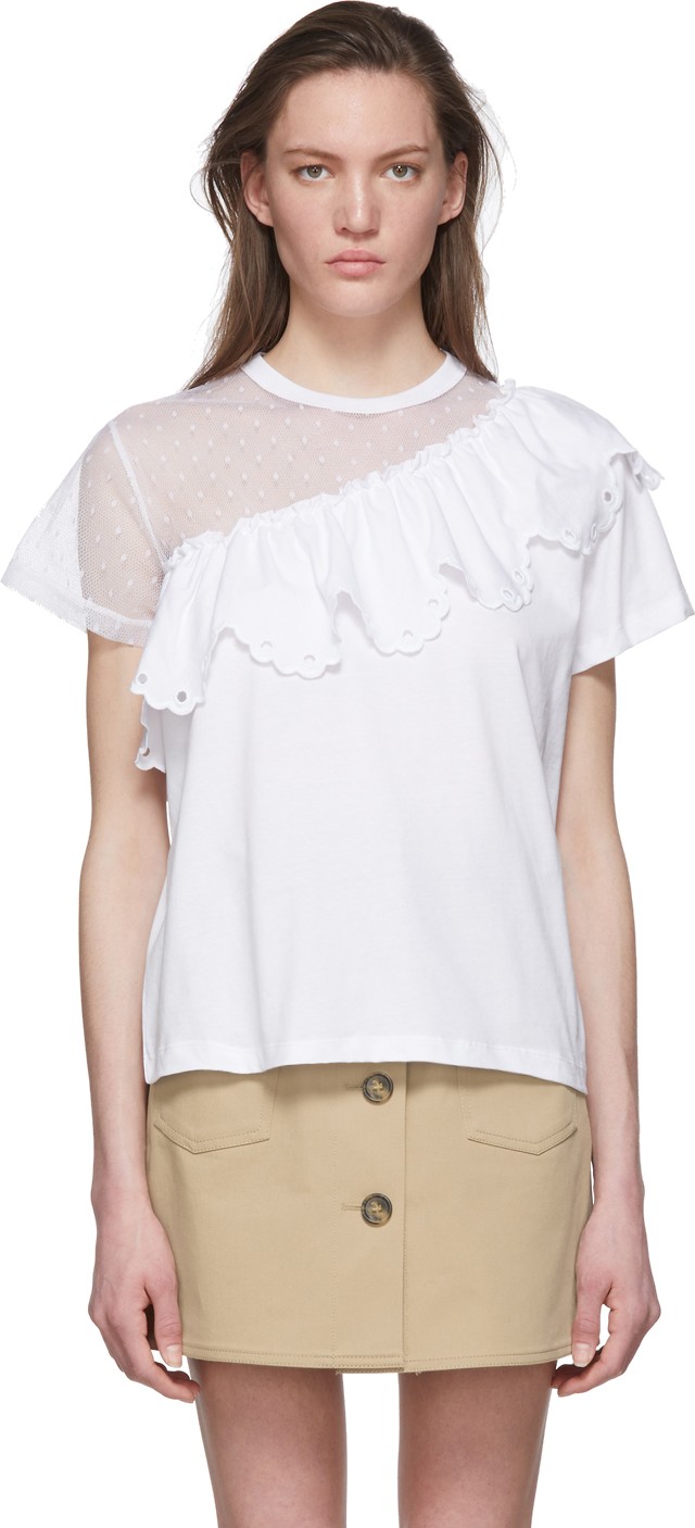 RED Valentino White Mesh Asymmetrical T-Shirt