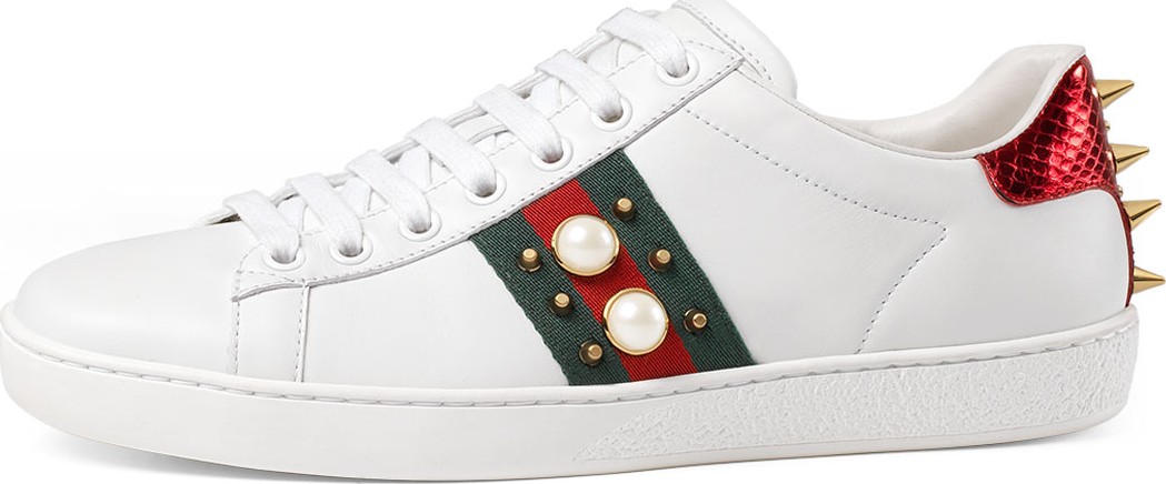 Gucci New Ace Studded Web Low-Top Sneakers, White