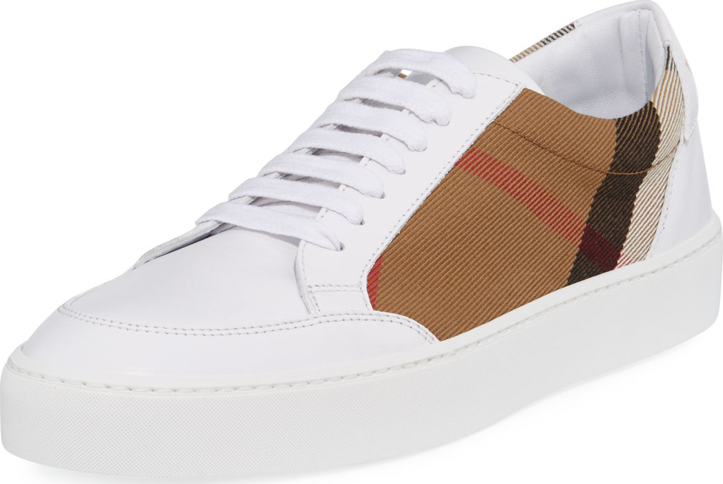 Burberry London England Salmond Check & Leather Sneakers, White