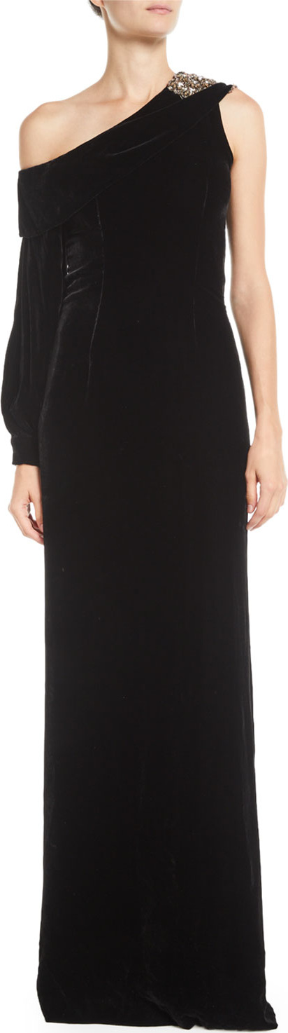 Sachin & Babi Austine Velvet One-Shoulder Gown w/ Brooch