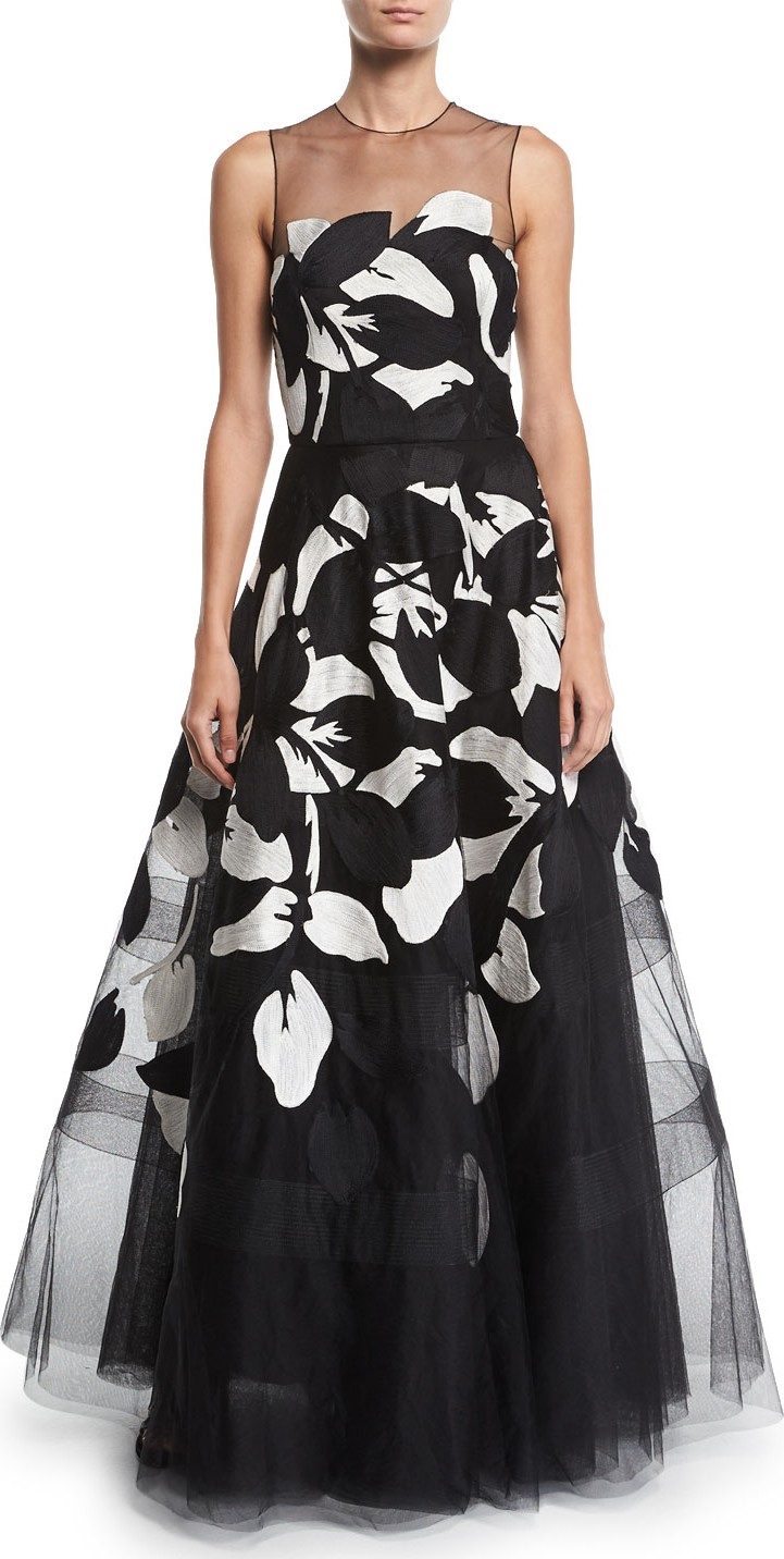 Ahluwalia Girona Floral-Embroidered Tulle Illusion Gown