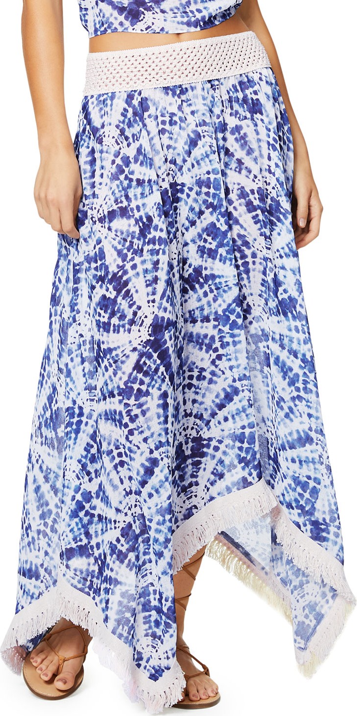 Ramy Brook Riviera Printed Handkerchief Long Skirt with Fringe
