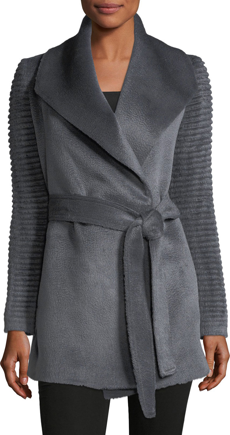 Sentaler Ribbed-Sleeves Shawl-Collar Wrap Alpaca Coat