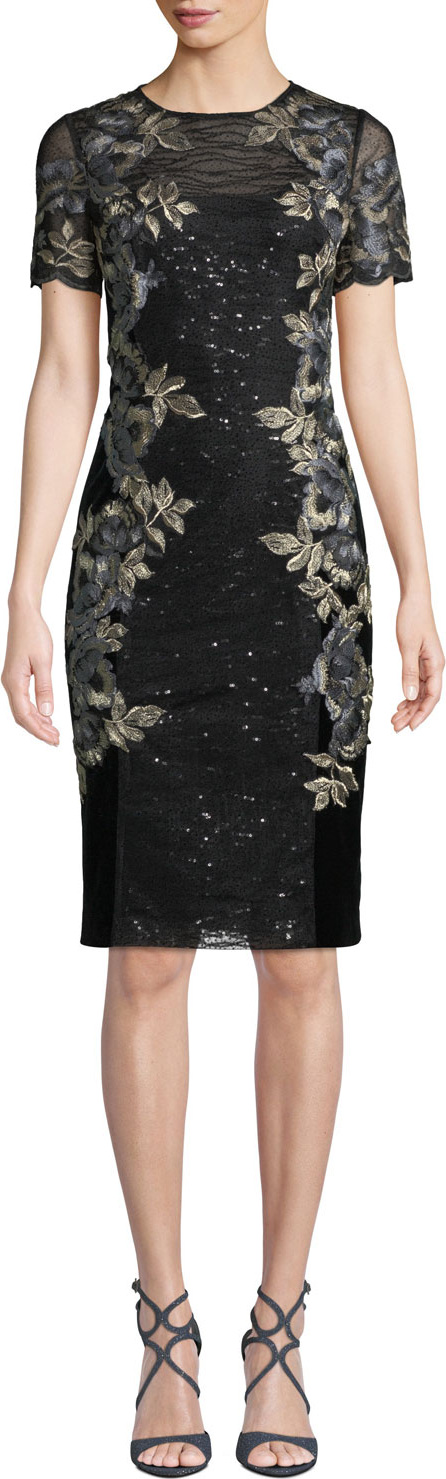 Rickie Freeman for Teri Jon Lattice Short-Sleeve Velvet & Beaded Dress