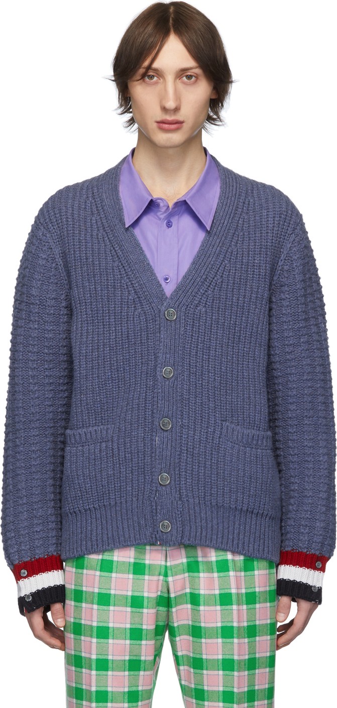 Thom Browne Blue Merino Chunky Funmix Stitch Cardigan