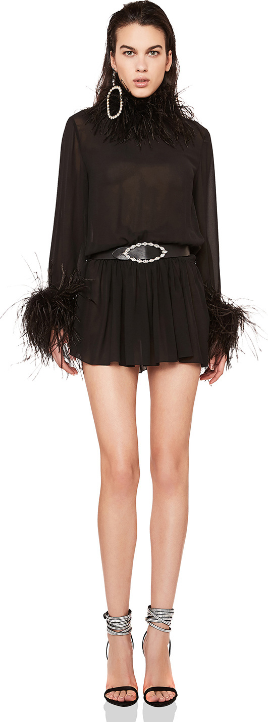 Saint Laurent Feather Trim Washed Silk Mini Dress