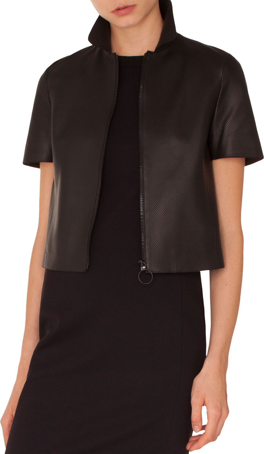 Akris Punto Kent-Collar Short-Sleeve Zip-Front Perforated Napa Leather Jacket