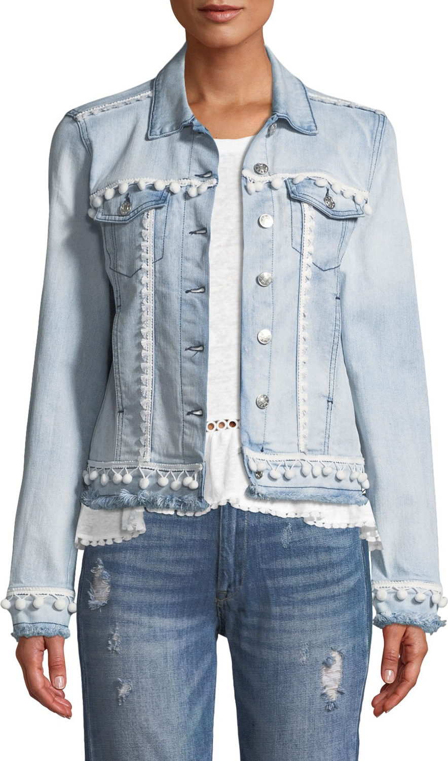 Generation Love Casey Button-Front Denim Jacket w/ Pompom Trim