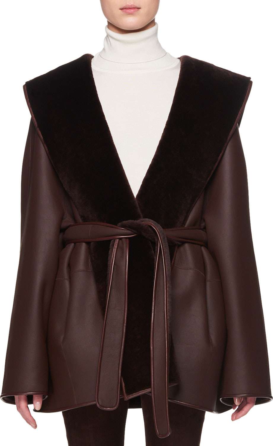 THE ROW Sternley Open-Front Belted Leather Jacket with Fur