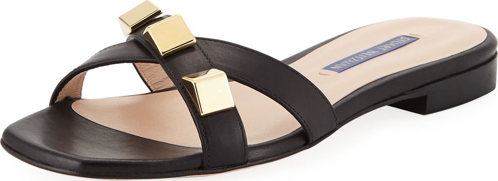 Stuart Weitzman Flat Leather Studded Sandals, Black