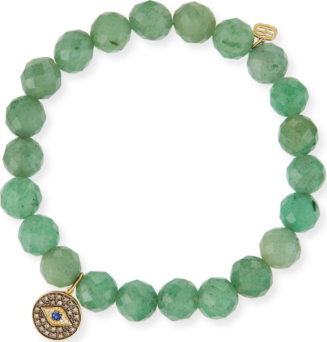 Sydney Evan 8mm Faceted Green Beaded Bracelet w/14K Gold Diamond Evil Eye Charm