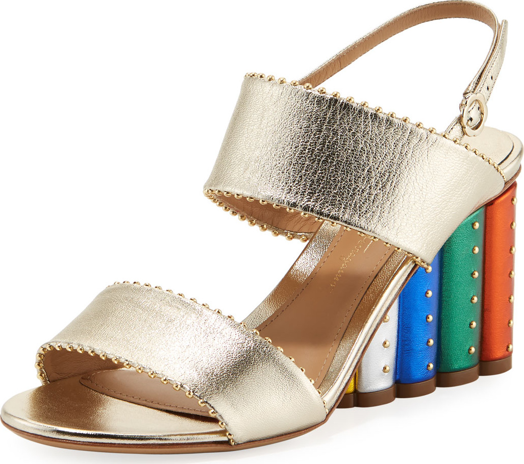 Salvatore Ferragamo Metallic City Sandal with Rainbow Heel