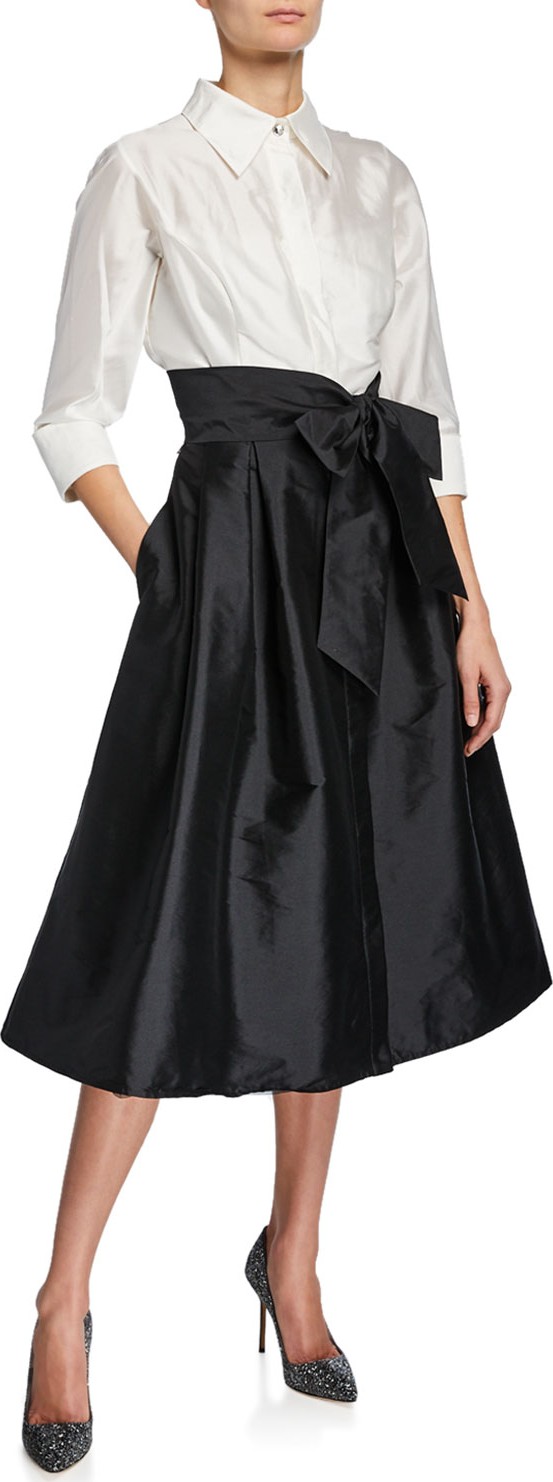 Rickie Freeman for Teri Jon Two-Tone 3/4-Sleeve Taffeta Shirtdress