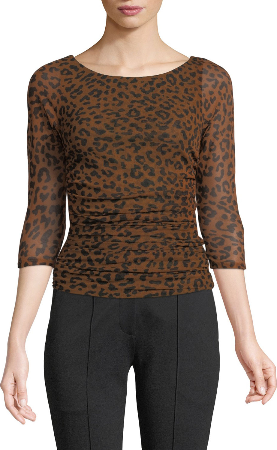 DIANE von FURSTENBERG Ruched Mesh 3/4-Sleeve Leopard-Print Blouse