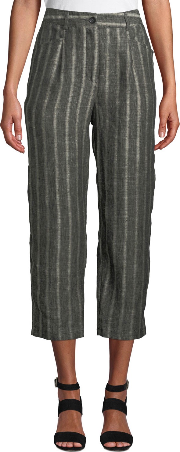 Masai Paolana Cropped Straight-Leg Linen Culotte Pants w/ Vertical Stripes