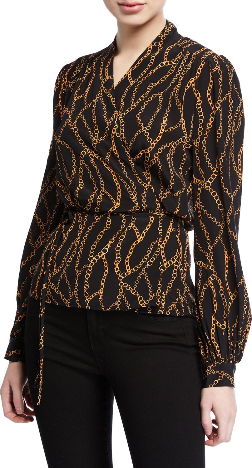 L'AGENCE Cara Chain-Print Silk Wrap Blouse
