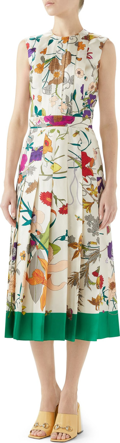 Gucci Flora Gothic Print Silk Pleated Midi Dress