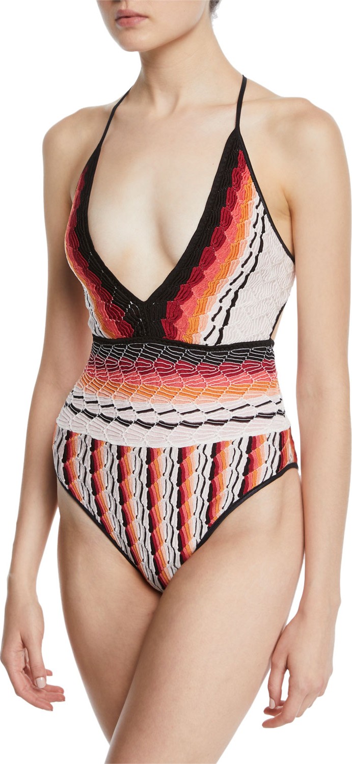 Missoni Plunging Knit Strappy One-Piece Swimsuit