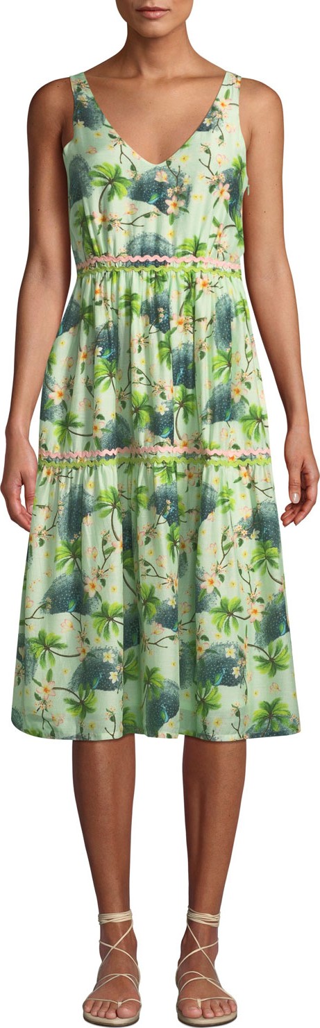 VERANDAH Printed V-Neck Tiered Dress with Rickrack Detail