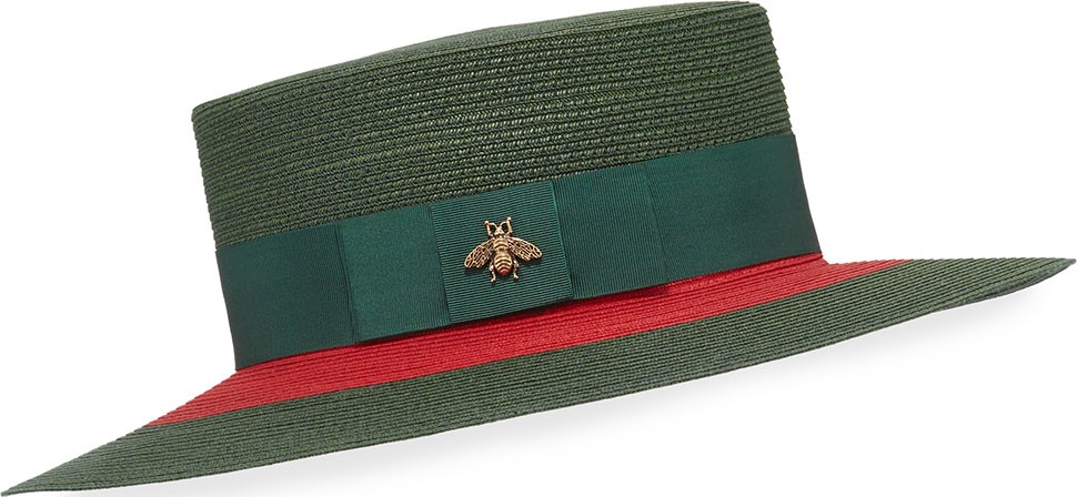 Gucci Green & Red Woven Hat w/ Bee Detail