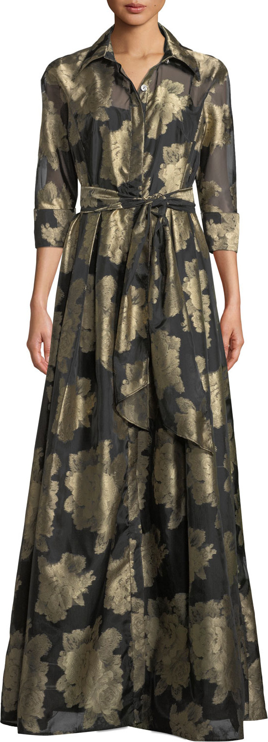 Rickie Freeman for Teri Jon Floral Organza Self-Tie Shirt Dress Gown