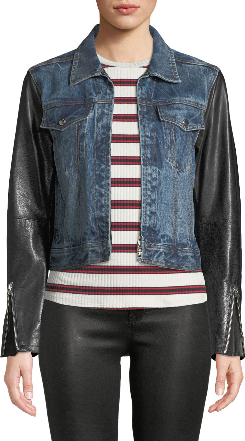 Rag & Bone Nico Zip-Front Denim Jacket with Leather Sleeves