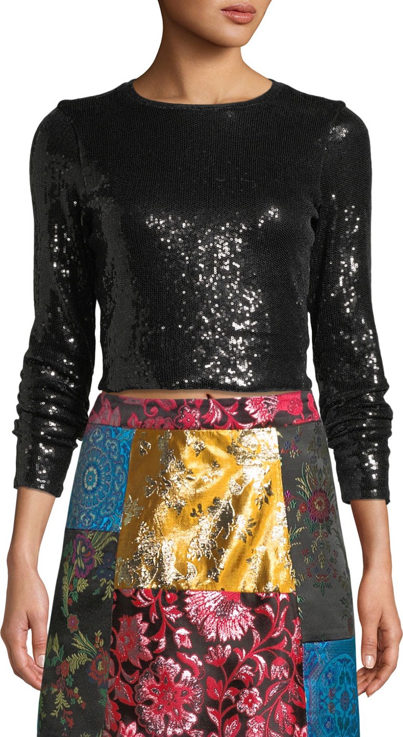 Alice + Olivia Delaina Long-Sleeve Sequined Top