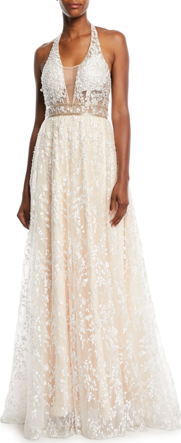 Jovani Halter-Strap Ball Gown in Lace