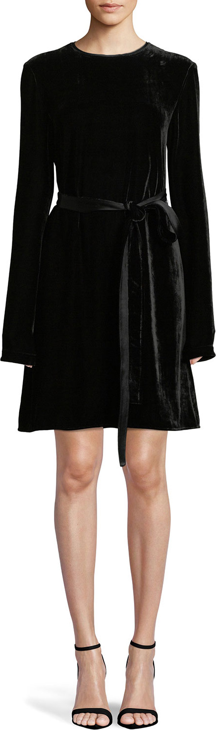 Theory Long-Sleeve Crewneck Belted A-Line Crinkle Velvet Dress