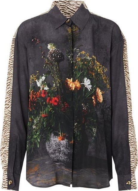 Burberry London England Floral And Leopard Print Silk Shirt