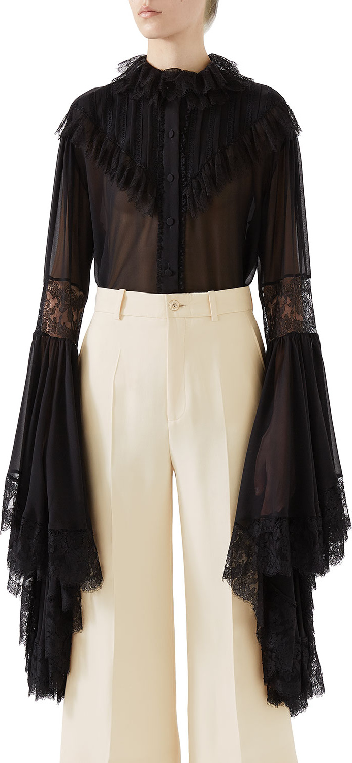 Gucci Silk Georgette & Lace Button-Front Shirt w/ Exaggerated Sleeves