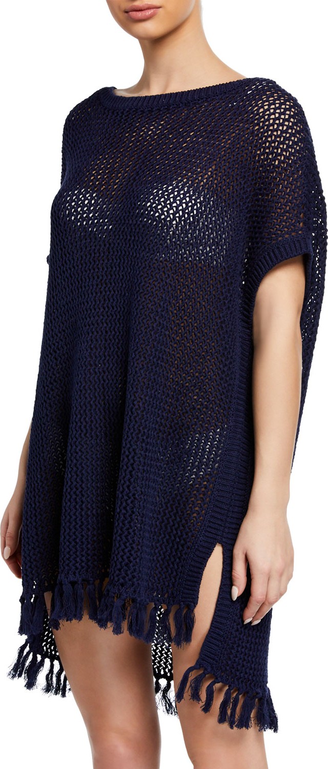 Tommy Bahama Boat-Neck Short-Sleeve Slouchy Beach Sweater Coverup with Fringe Hem