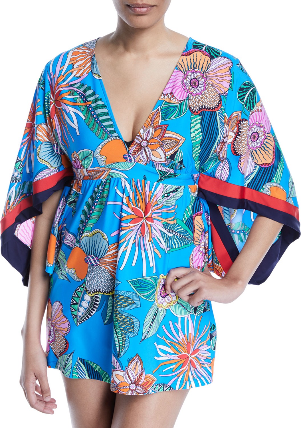 Trina Turk Tahiti Floral Cape-Sleeve Coverup Tunic