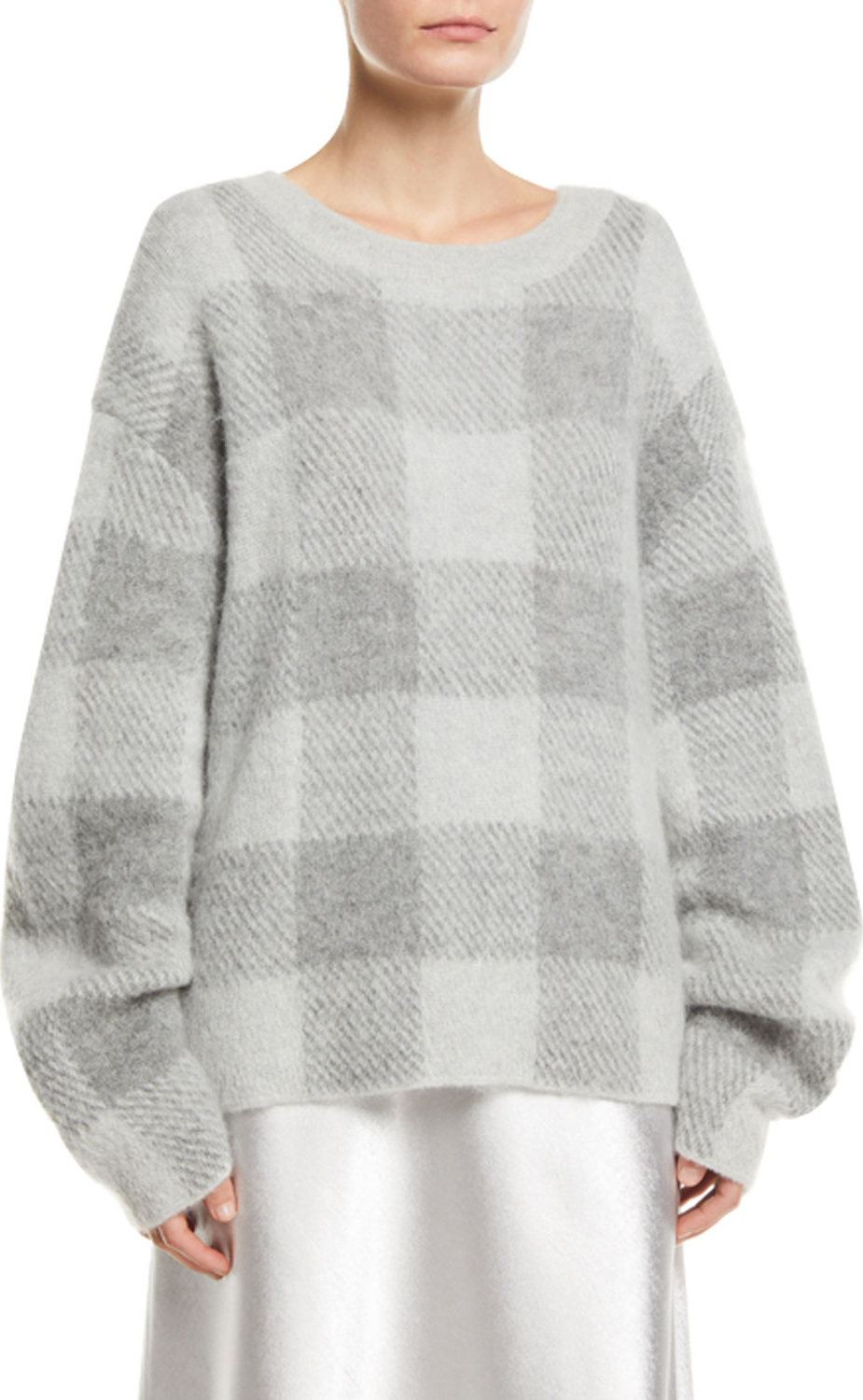 Vince Plaid Crewneck Mohair-Blend Pullover Sweater
