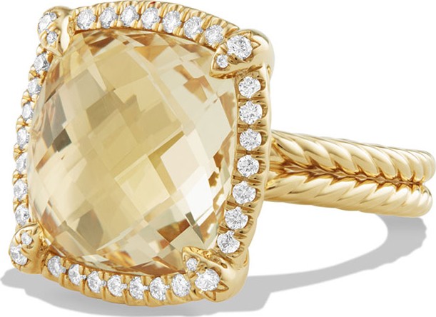 David Yurman 14mm Châtelaine 18K Champagne Citrine Ring with Diamonds, Size 6