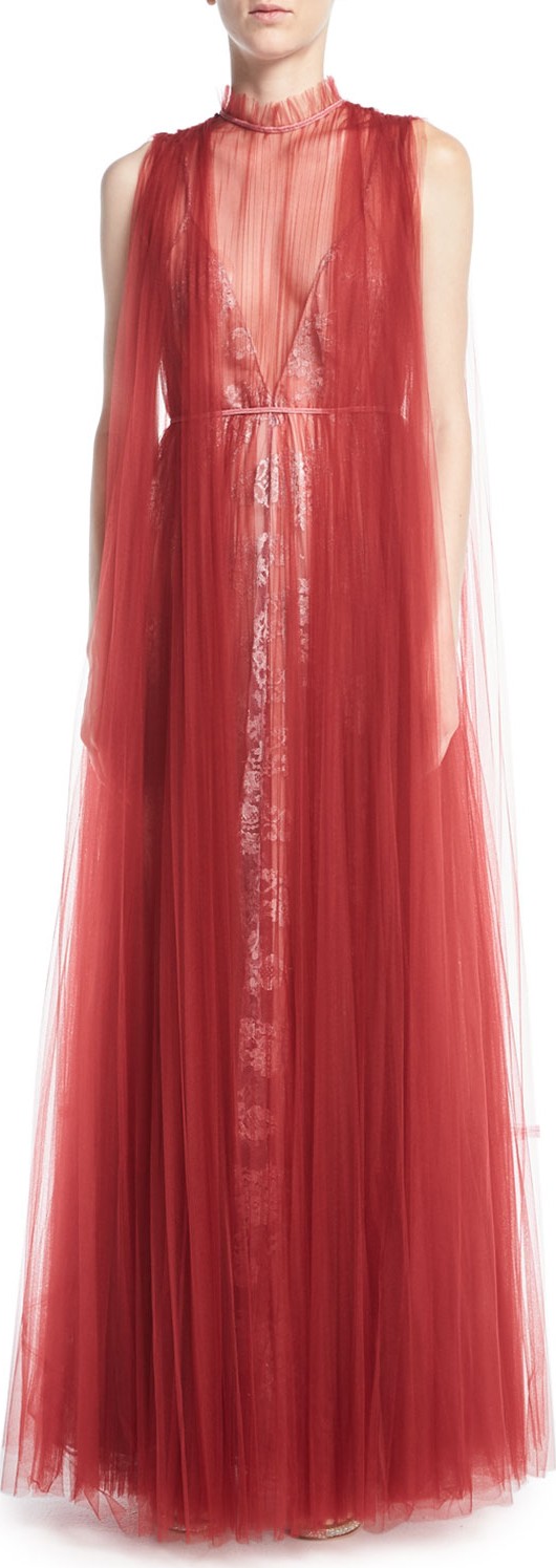 Valentino Floral Lace Gown with Tulle Overlay