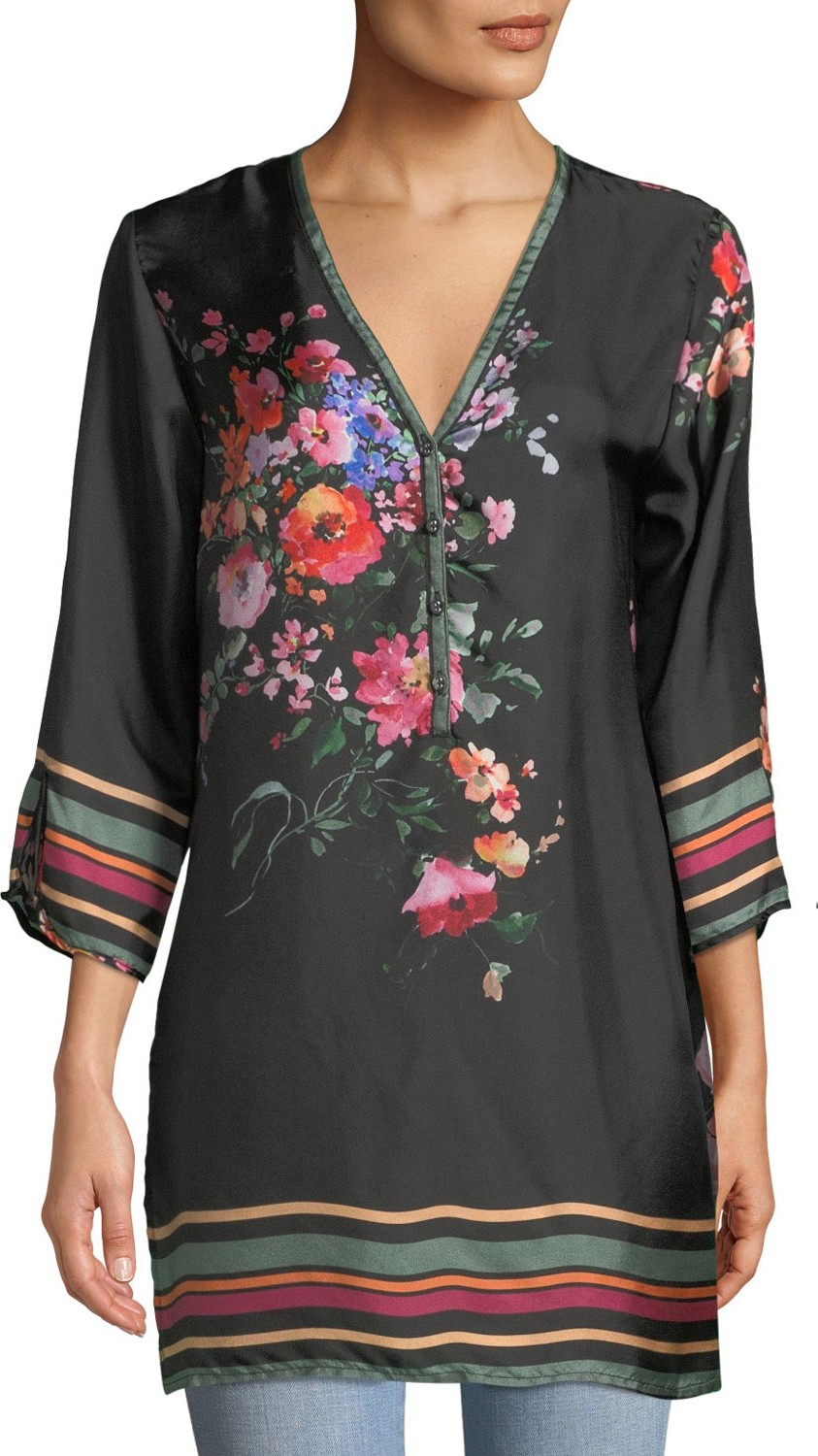Johnny Was Resort Rose-Print Silk Blouse