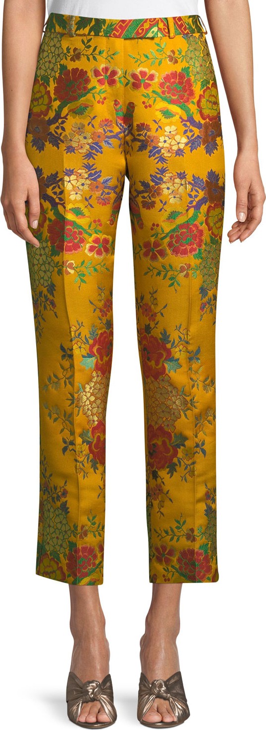 Etro High-Rise Straight-Leg Cropped Floral-Jacquard Pants